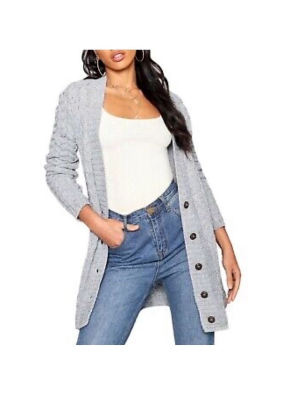 Banana Republic Duster Cardigan-Super SOFT Wool Blend, Grey Box Knit Design, SM